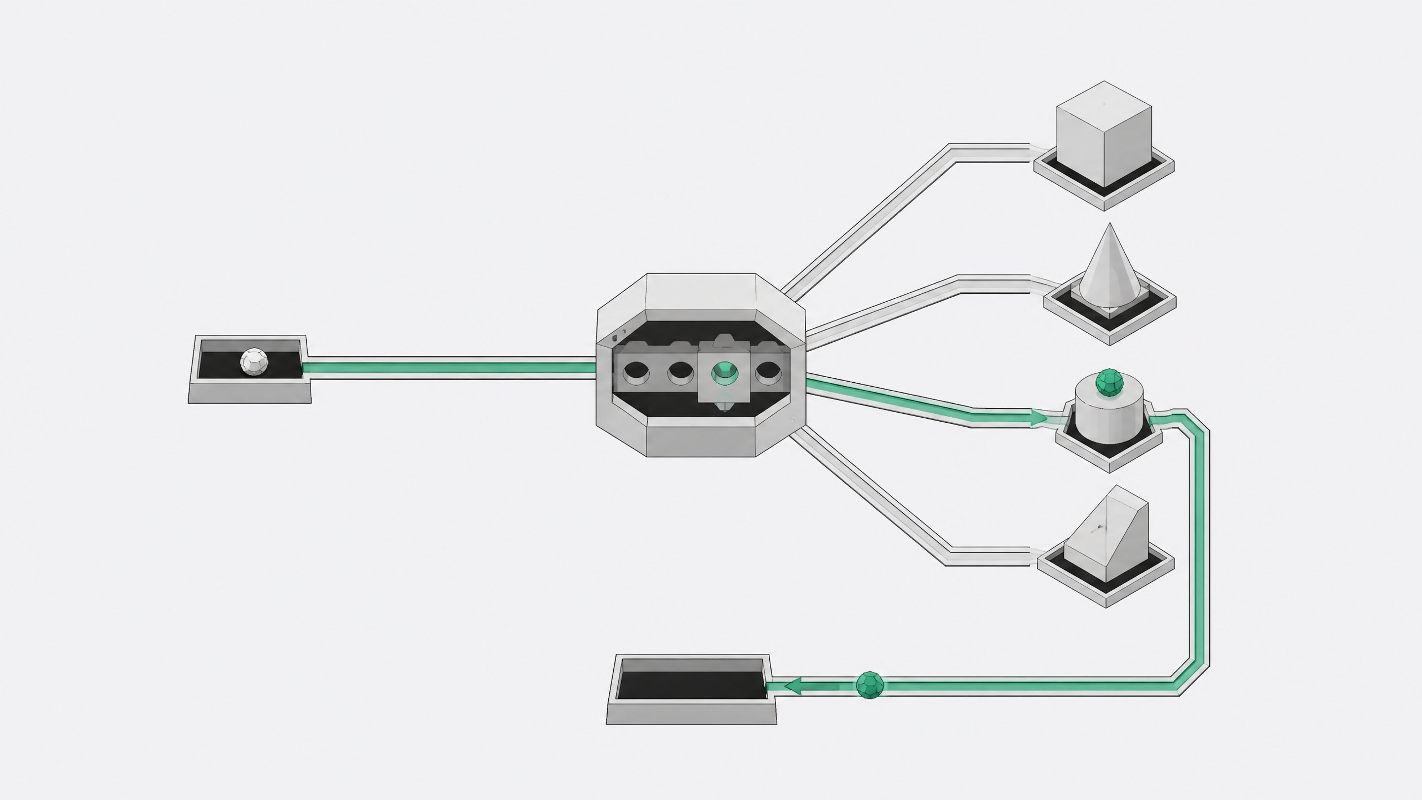 Diagram-like illustration of a central routing hub selecting one active pathway among several model endpoints for an incoming query.