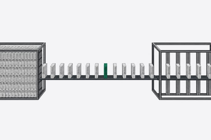 Server blade modules migrating in an orderly line from a densely packed rack to a more sparsely populated destination rack, illustrating workload migration off a virtualization platform.