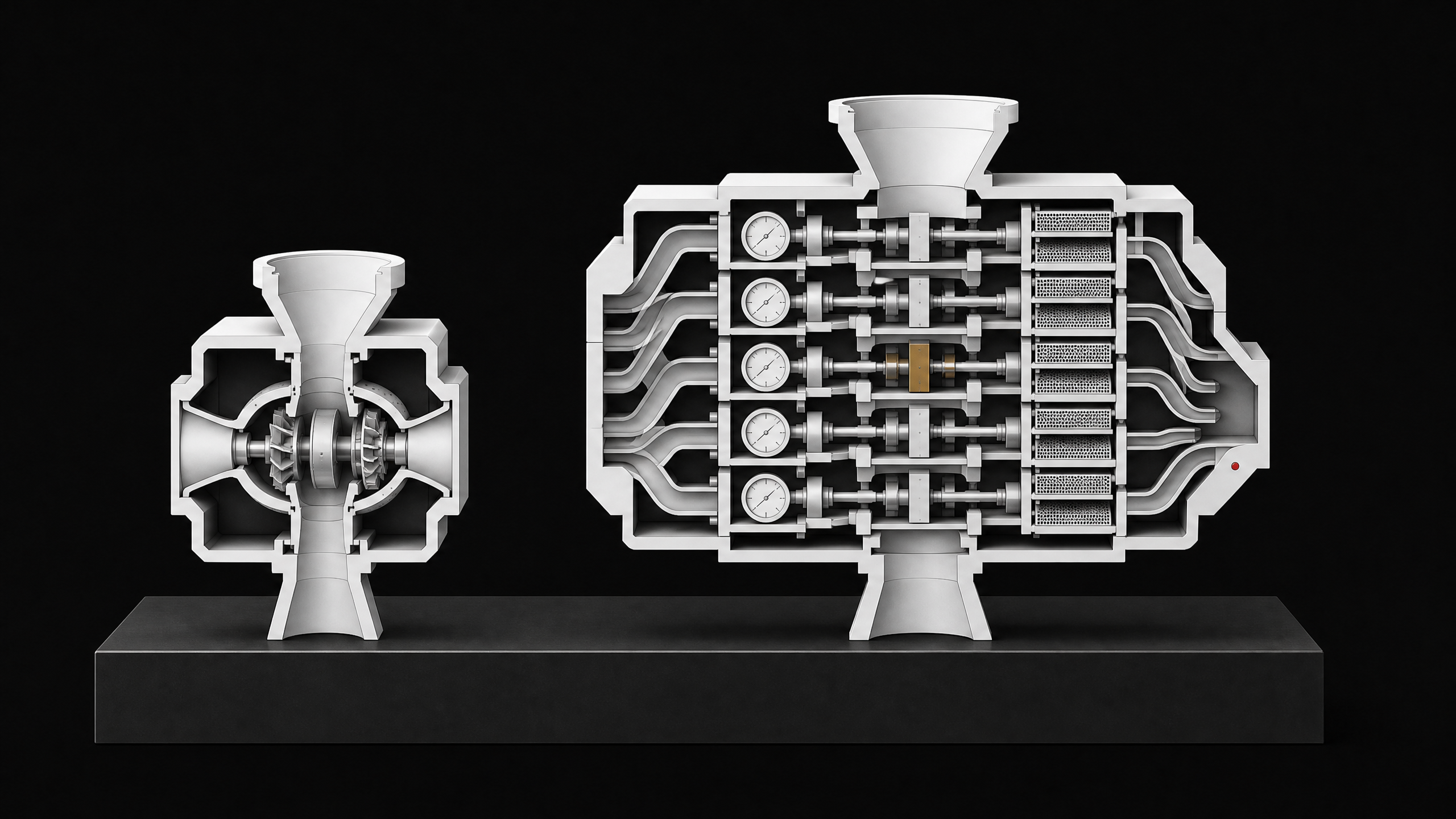 A cutaway comparison of a simple inference module beside a far more complex multi-chamber evaluation module with the same input and output size.