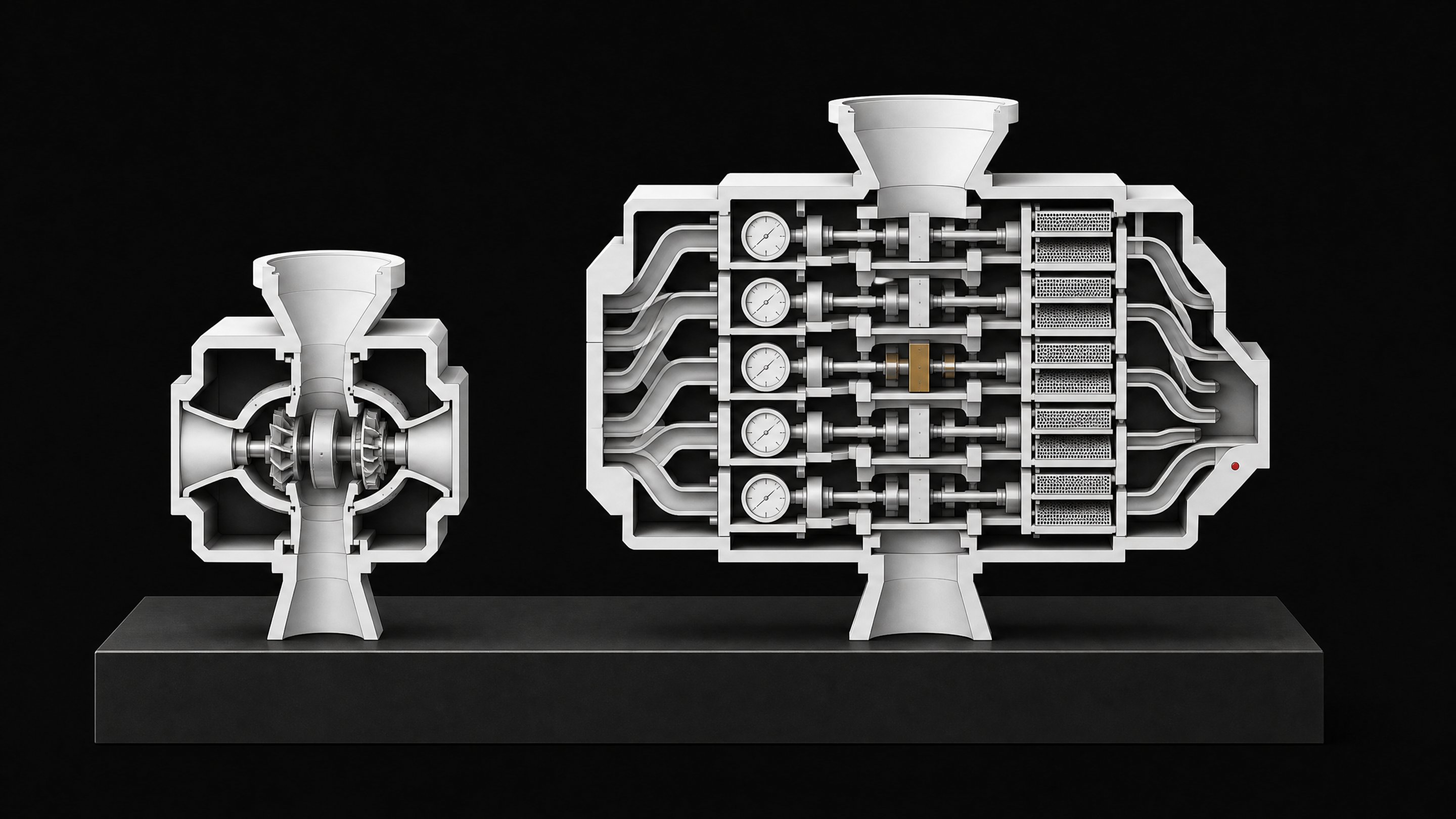 A cutaway comparison of a simple inference module beside a far more complex multi-chamber evaluation module with the same input and output size.