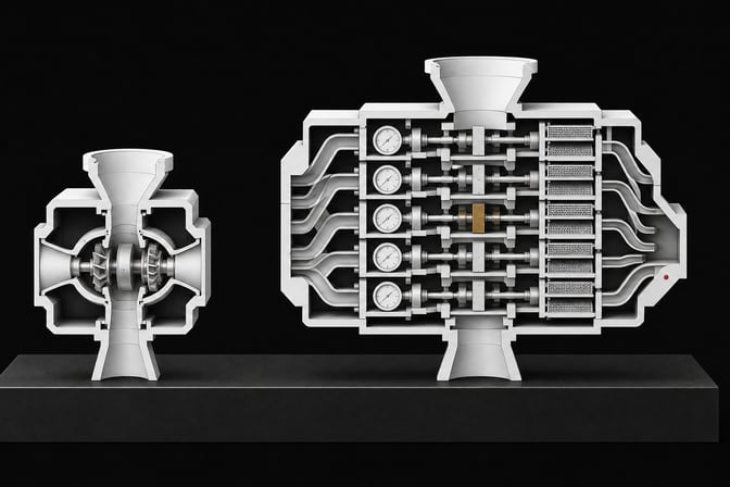 A cutaway comparison of a simple inference module beside a far more complex multi-chamber evaluation module with the same input and output size.