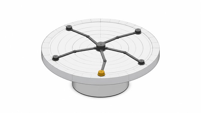 A capped, ring-marked disc representing a frozen AI training cutoff, with five mechanical arms reaching outward but stopping abruptly at its edge, unable to extend into the open space beyond.