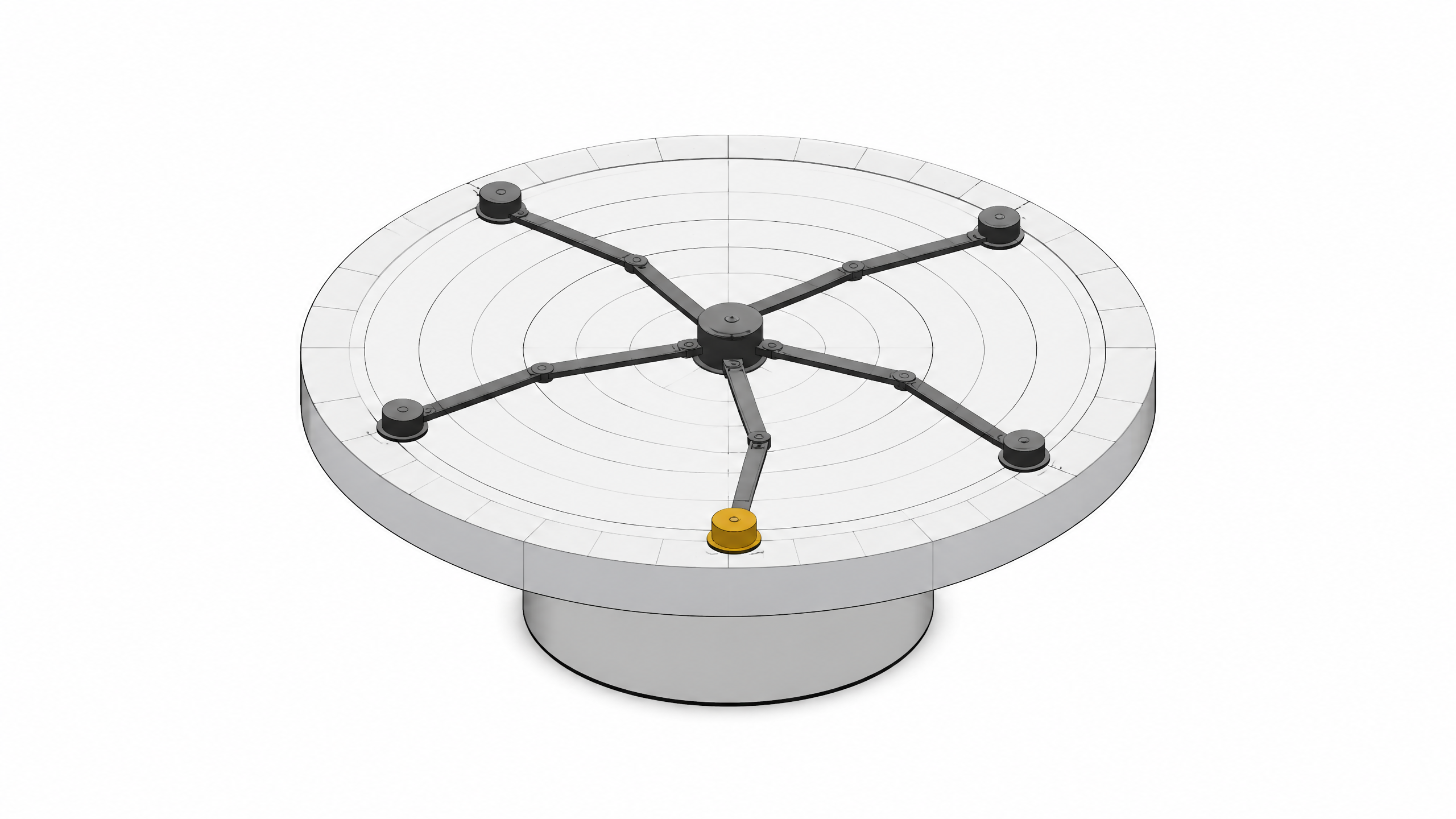 A capped, ring-marked disc representing a frozen AI training cutoff, with five mechanical arms reaching outward but stopping abruptly at its edge, unable to extend into the open space beyond.