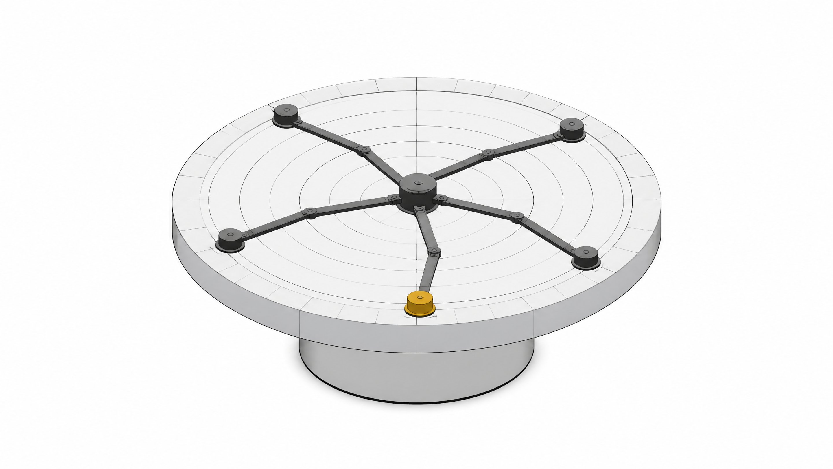 A capped, ring-marked disc representing a frozen AI training cutoff, with five mechanical arms reaching outward but stopping abruptly at its edge, unable to extend into the open space beyond.
