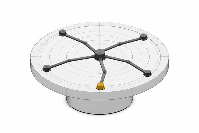A capped, ring-marked disc representing a frozen AI training cutoff, with five mechanical arms reaching outward but stopping abruptly at its edge, unable to extend into the open space beyond.