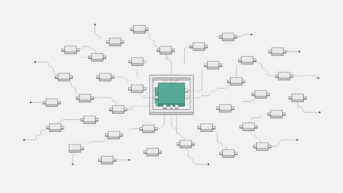 A single formally enclosed workflow node stands out among a scattered field of many small, loosely connected identical nodes, representing employee-built automations being brought under a structured governance framework.