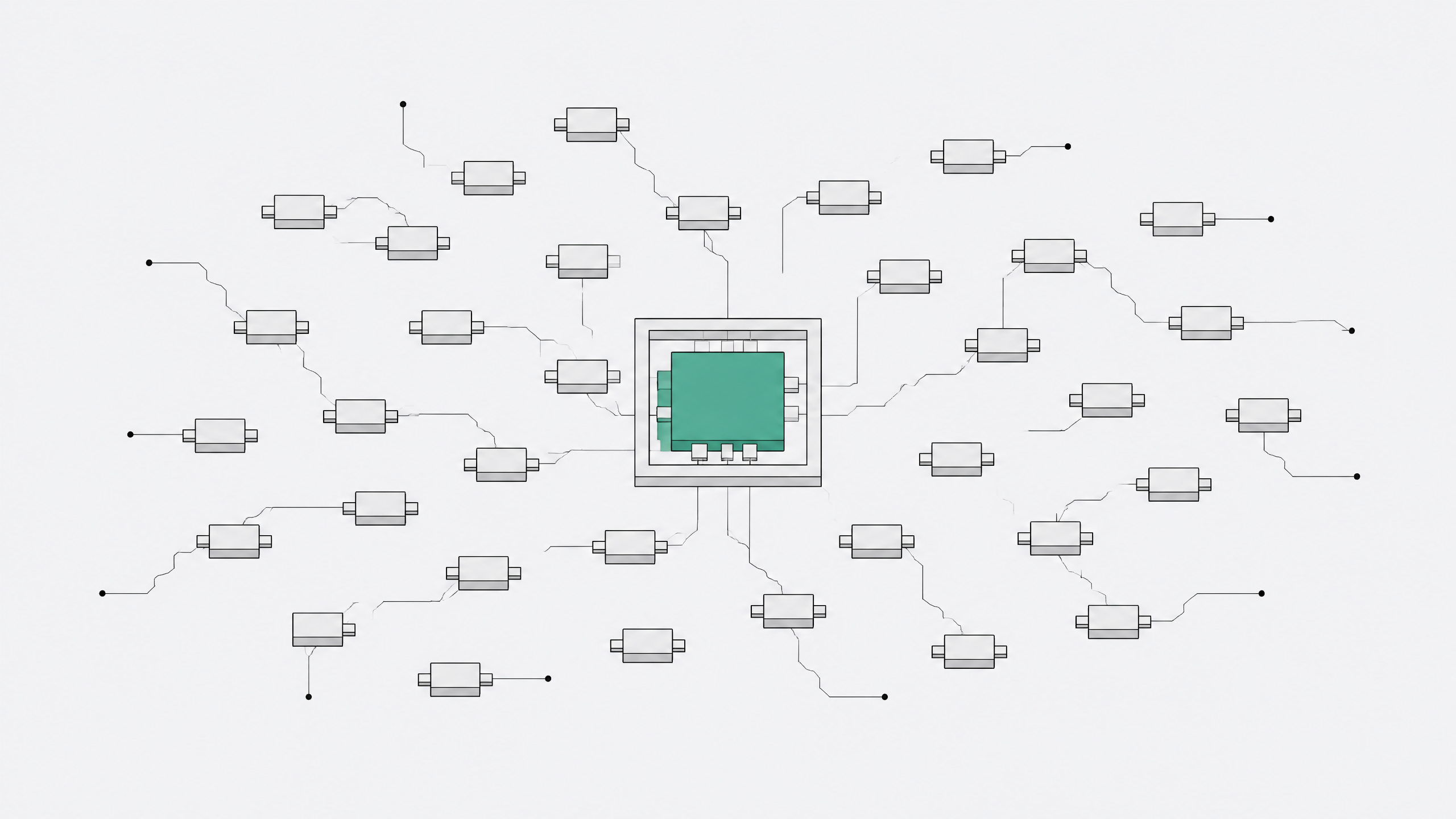 A single formally enclosed workflow node stands out among a scattered field of many small, loosely connected identical nodes, representing employee-built automations being brought under a structured governance framework.