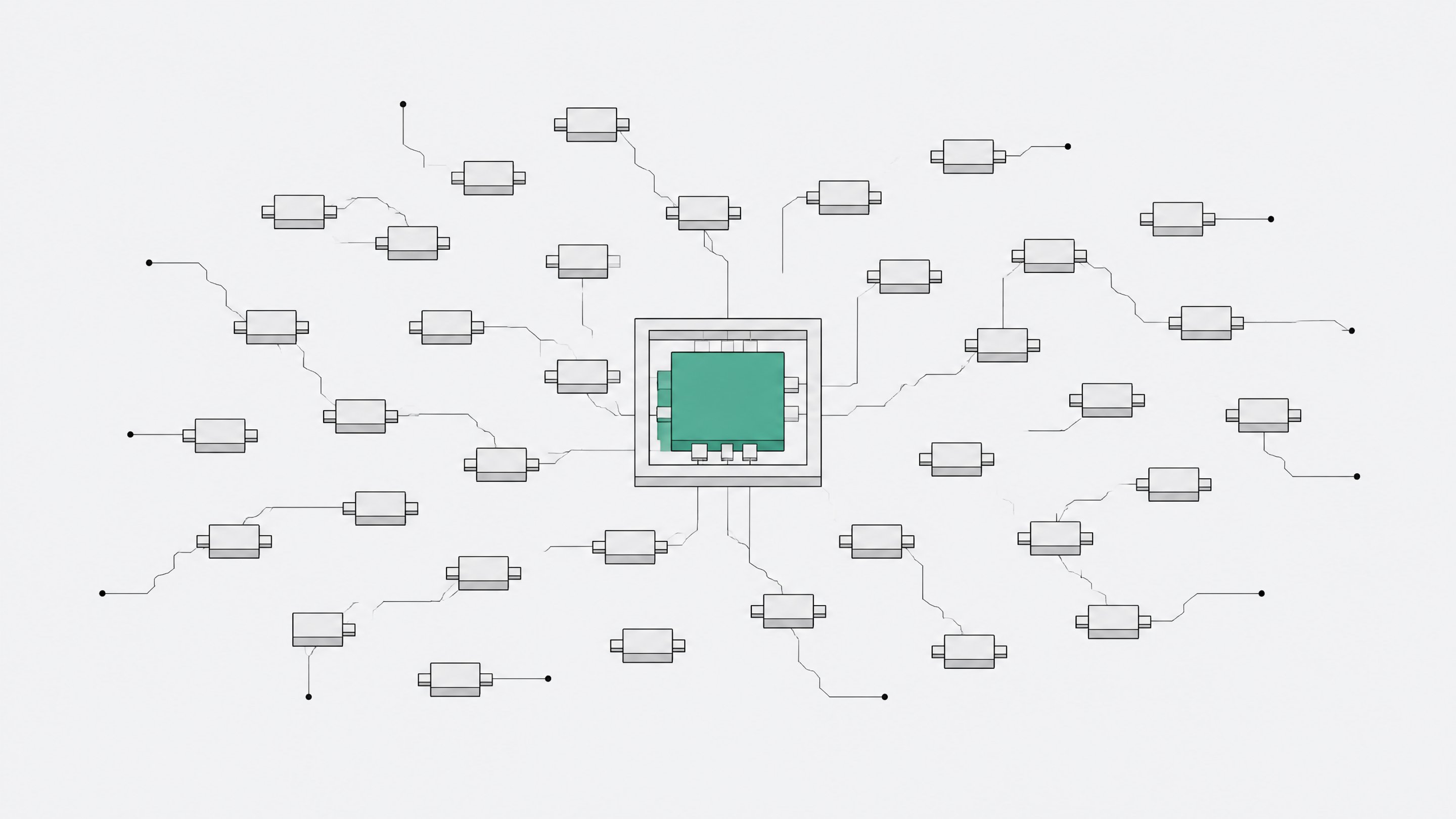 A single formally enclosed workflow node stands out among a scattered field of many small, loosely connected identical nodes, representing employee-built automations being brought under a structured governance framework.