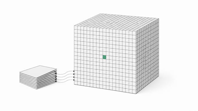 A dense solid cube made of countless embedded tiles stands beside a separate thin stack of flat cards, illustrating data fused directly into model weights versus data kept external in a prompt.