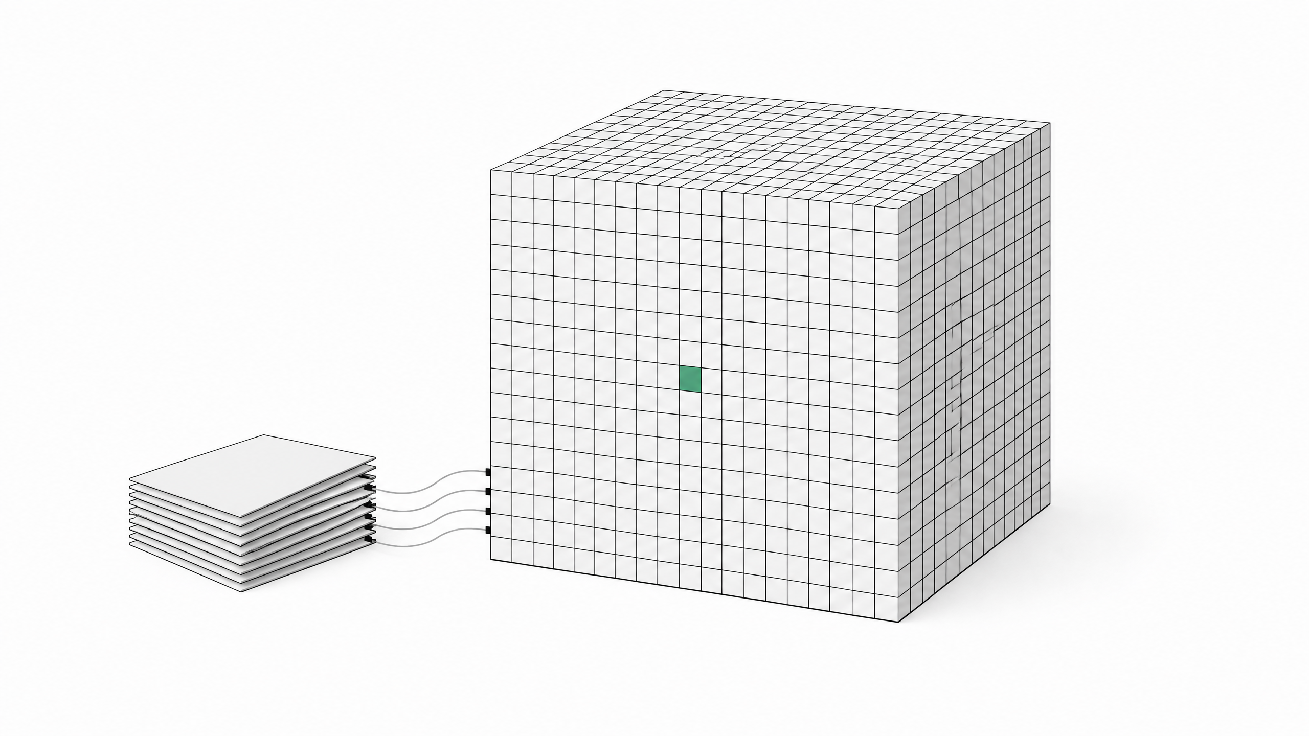 A dense solid cube made of countless embedded tiles stands beside a separate thin stack of flat cards, illustrating data fused directly into model weights versus data kept external in a prompt.