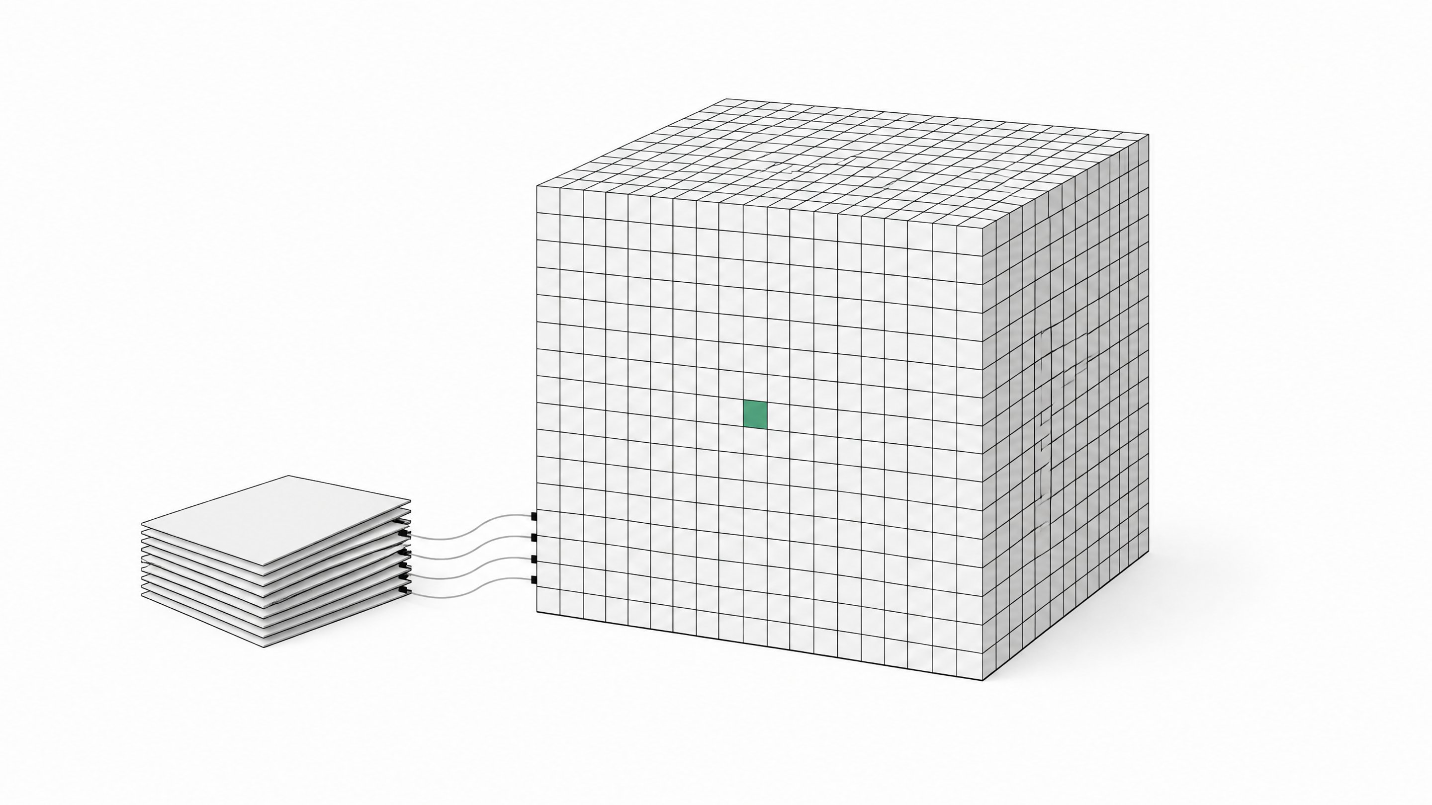 A dense solid cube made of countless embedded tiles stands beside a separate thin stack of flat cards, illustrating data fused directly into model weights versus data kept external in a prompt.