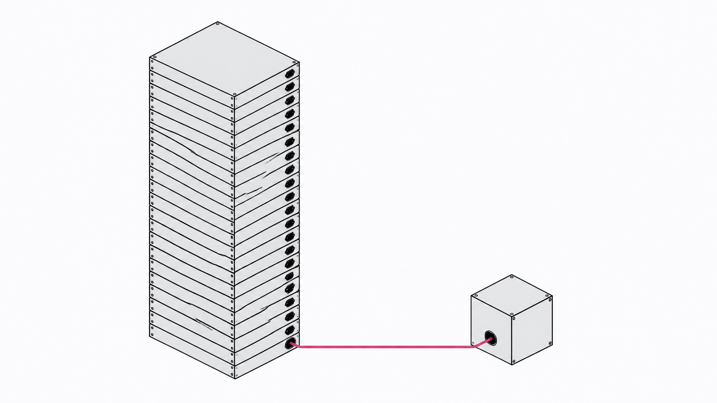 A tall stack of many identical modular blocks stands beside a single small block linked by one thin conduit, illustrating a bundle of software functions being replaced by a single API connection.