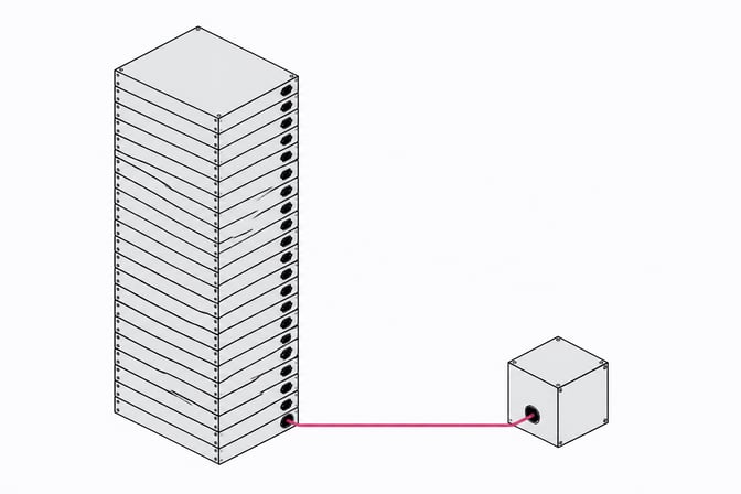 A tall stack of many identical modular blocks stands beside a single small block linked by one thin conduit, illustrating a bundle of software functions being replaced by a single API connection.