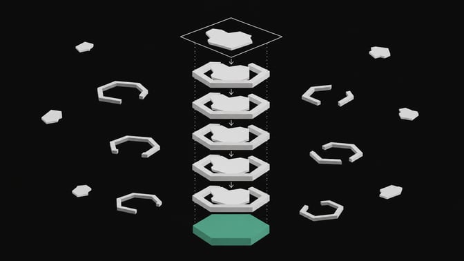 A stack of interlocking geometric verification gates through which a code shape must pass and seat perfectly, illustrating a machine-checked formal proof in Lean 4.