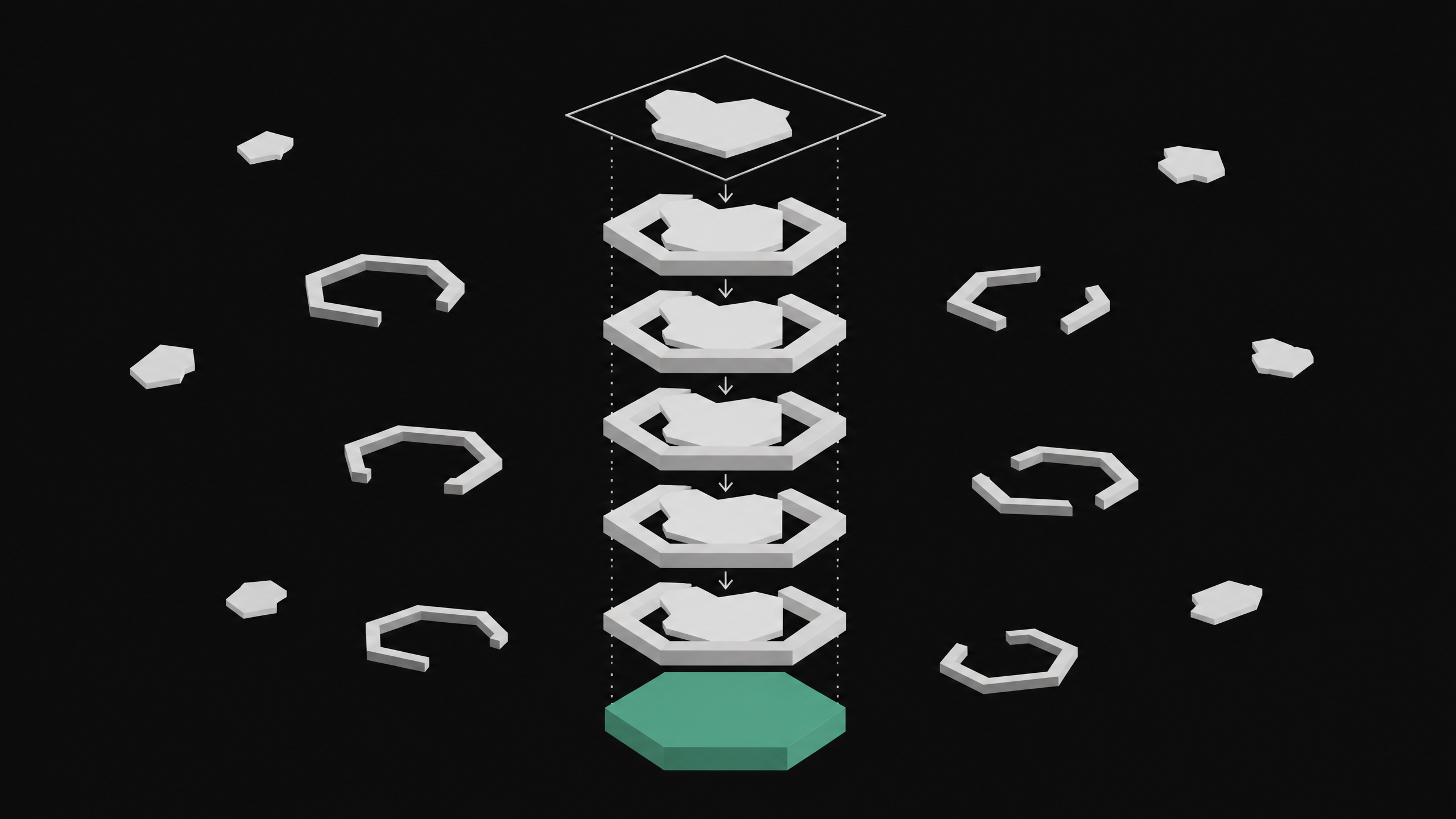 A stack of interlocking geometric verification gates through which a code shape must pass and seat perfectly, illustrating a machine-checked formal proof in Lean 4.
