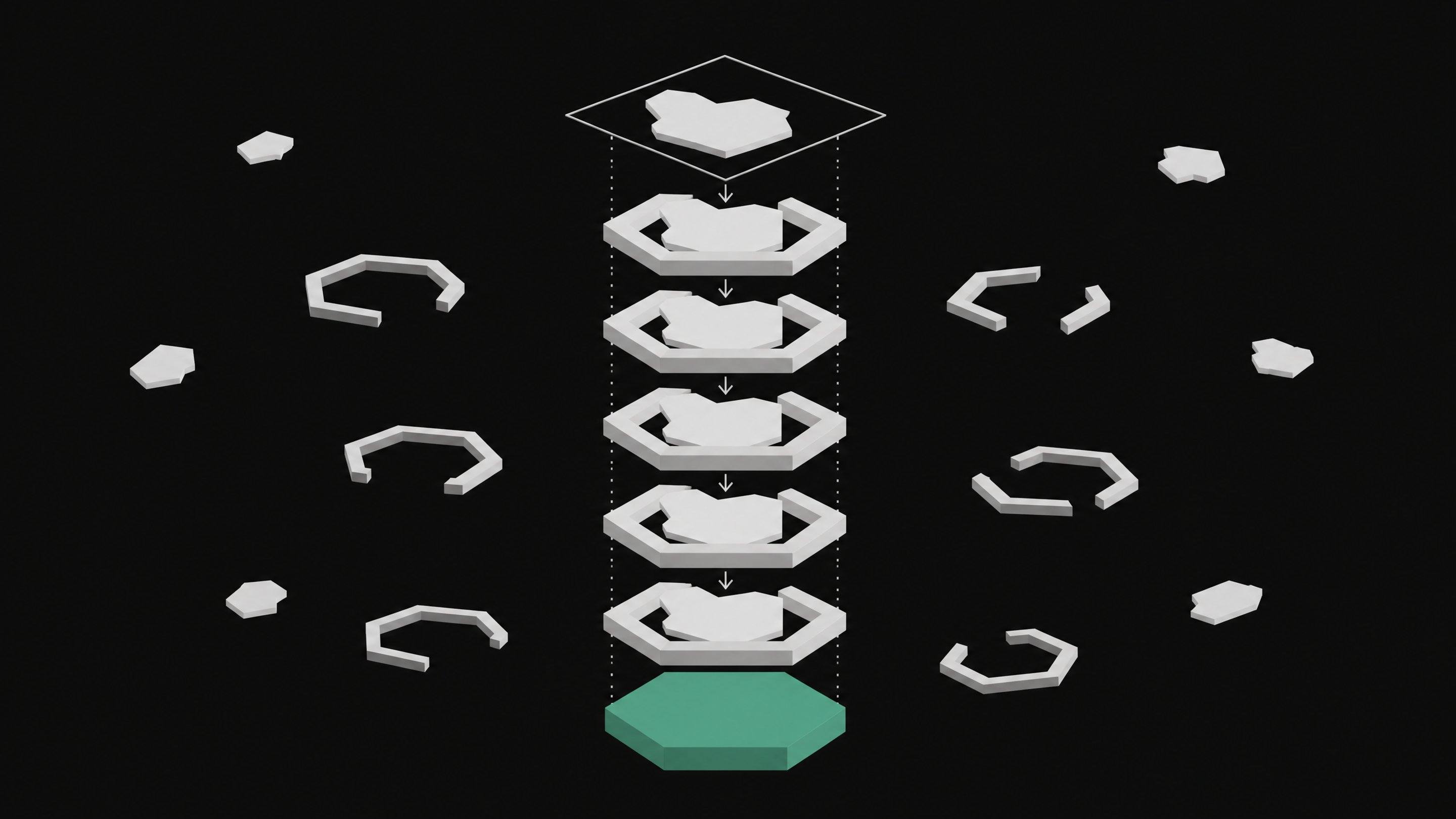A stack of interlocking geometric verification gates through which a code shape must pass and seat perfectly, illustrating a machine-checked formal proof in Lean 4.