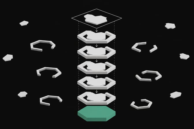 A stack of interlocking geometric verification gates through which a code shape must pass and seat perfectly, illustrating a machine-checked formal proof in Lean 4.