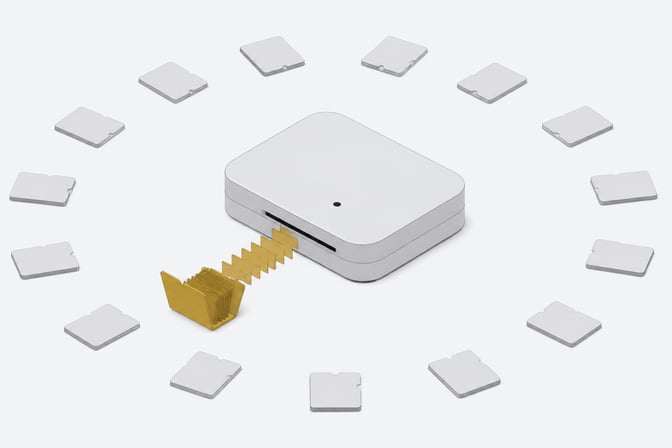 A single folder opens and feeds cards into a central AI agent module while many identical closed folders remain dormant around it, illustrating an on-demand skills file.