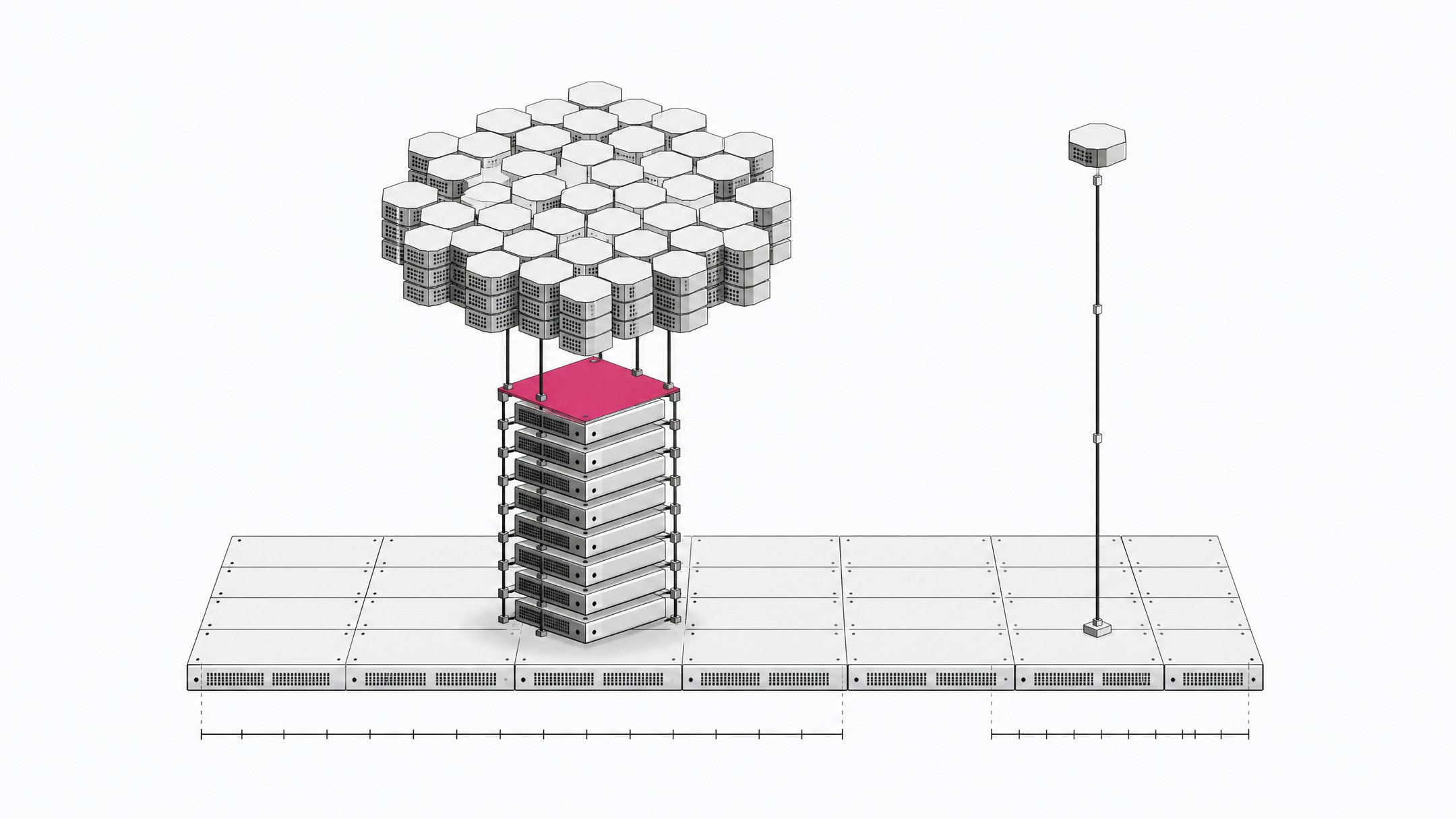 An architectural diagram comparing a lattice of model-parameter blocks and a stacked column of GPU units against a single slender API endpoint node, illustrating the infrastructure cost of self-hosting an open-weight AI model versus calling a hosted API.