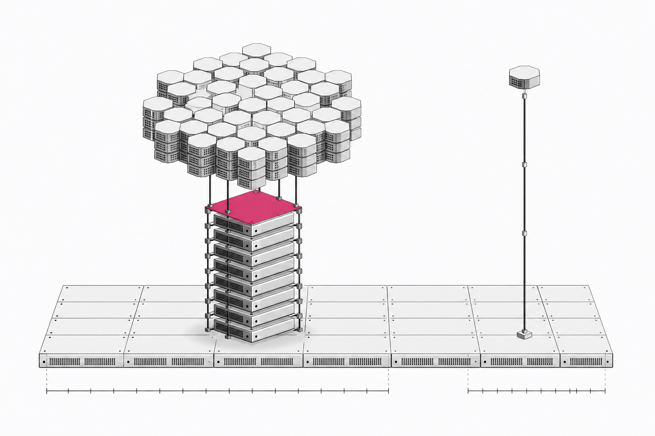 An architectural diagram comparing a lattice of model-parameter blocks and a stacked column of GPU units against a single slender API endpoint node, illustrating the infrastructure cost of self-hosting an open-weight AI model versus calling a hosted API.