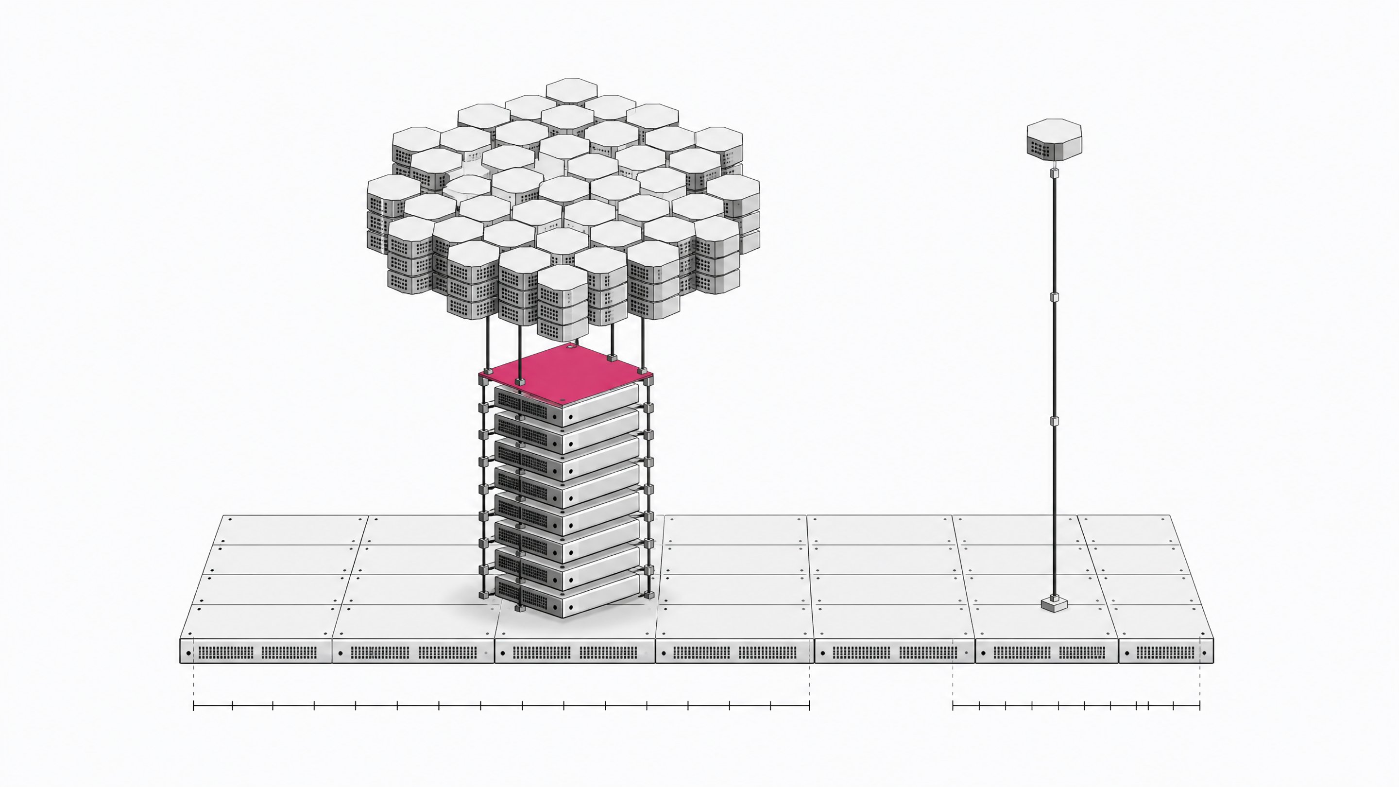 An architectural diagram comparing a lattice of model-parameter blocks and a stacked column of GPU units against a single slender API endpoint node, illustrating the infrastructure cost of self-hosting an open-weight AI model versus calling a hosted API.