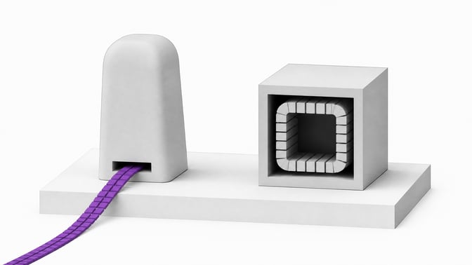 Two equal-sized hardware modules compared side by side: one sends a stream of code tokens outward and away, the other keeps its code tokens looped inside a closed internal circuit, illustrating cloud AI versus local model inference.