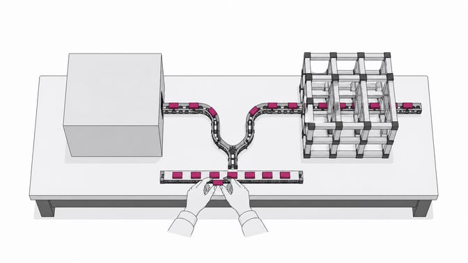 A sealed opaque cube and an open lattice framework sit side by side on a workbench, each receiving a stream of small blank tokens from a shared conveyor track, illustrating opaque versus legible AI coding systems.