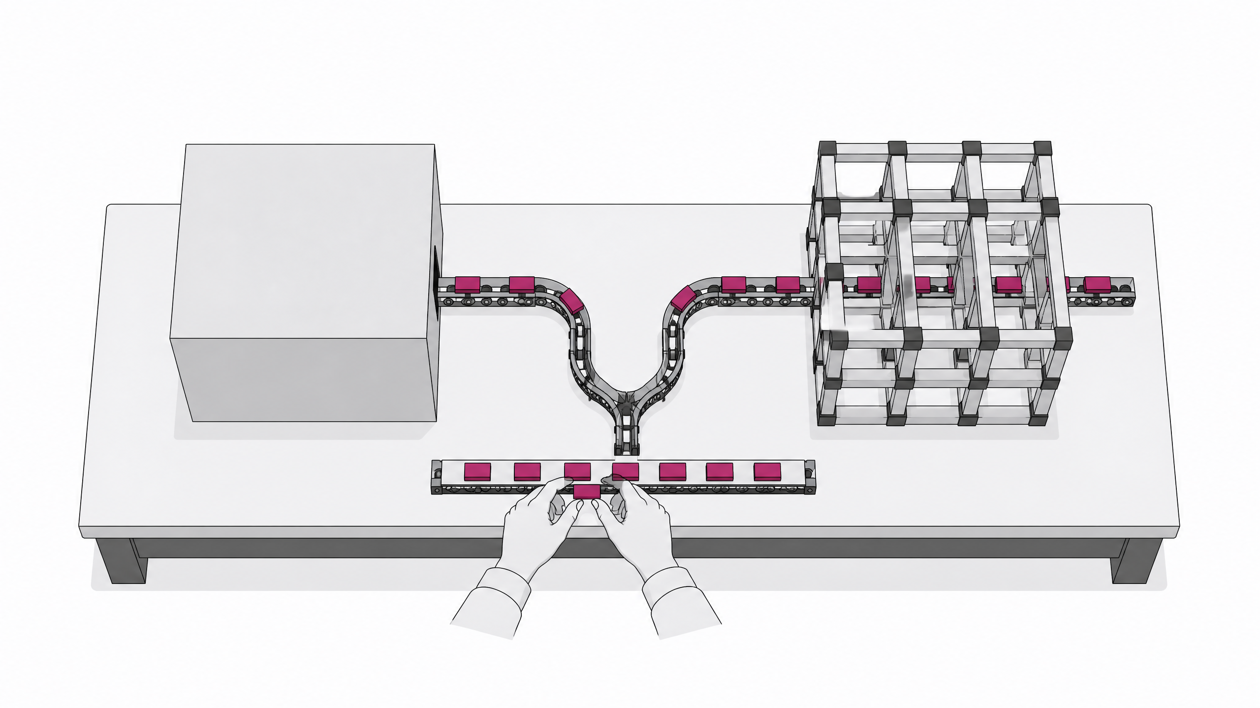 A sealed opaque cube and an open lattice framework sit side by side on a workbench, each receiving a stream of small blank tokens from a shared conveyor track, illustrating opaque versus legible AI coding systems.
