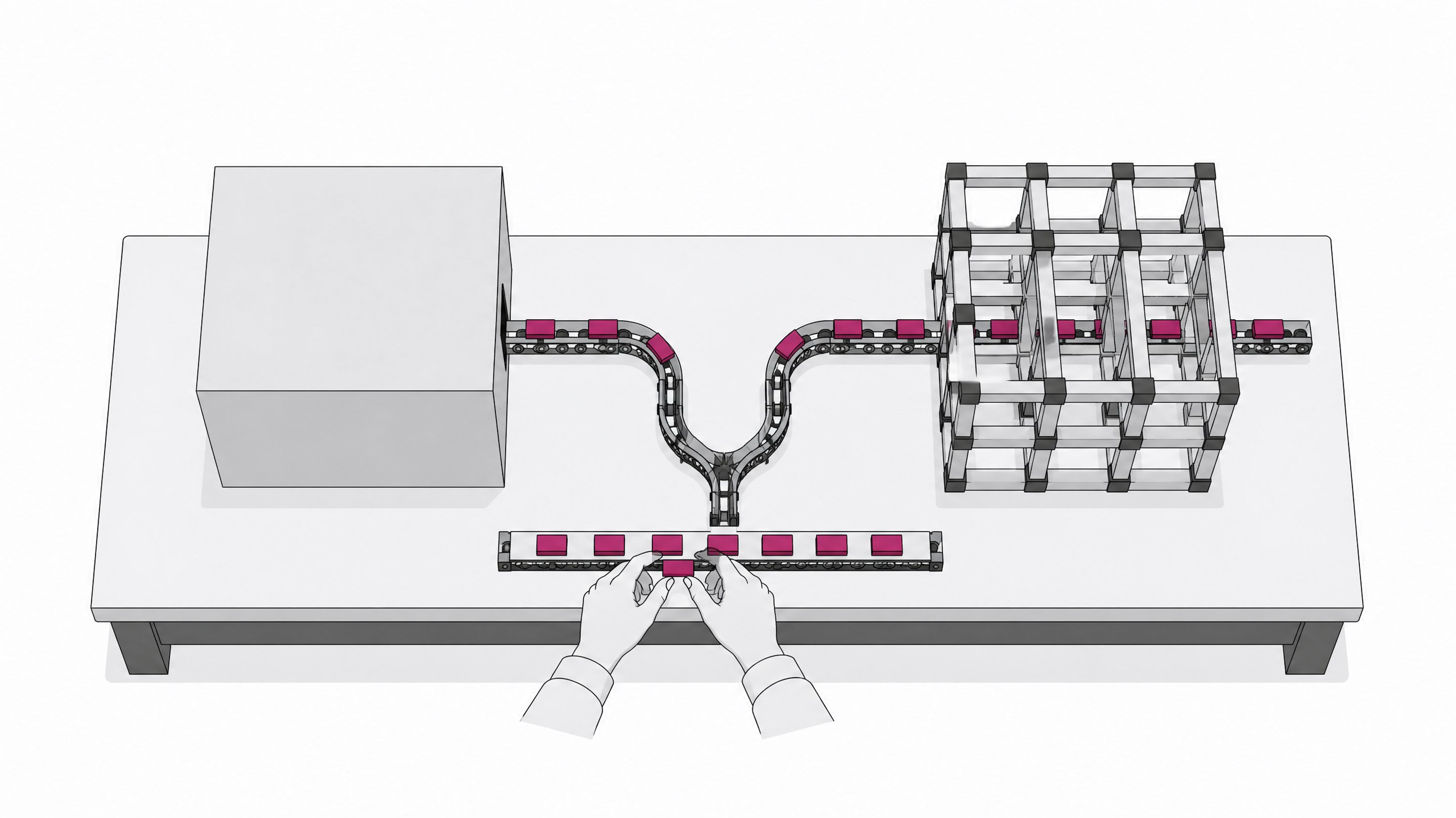 A sealed opaque cube and an open lattice framework sit side by side on a workbench, each receiving a stream of small blank tokens from a shared conveyor track, illustrating opaque versus legible AI coding systems.