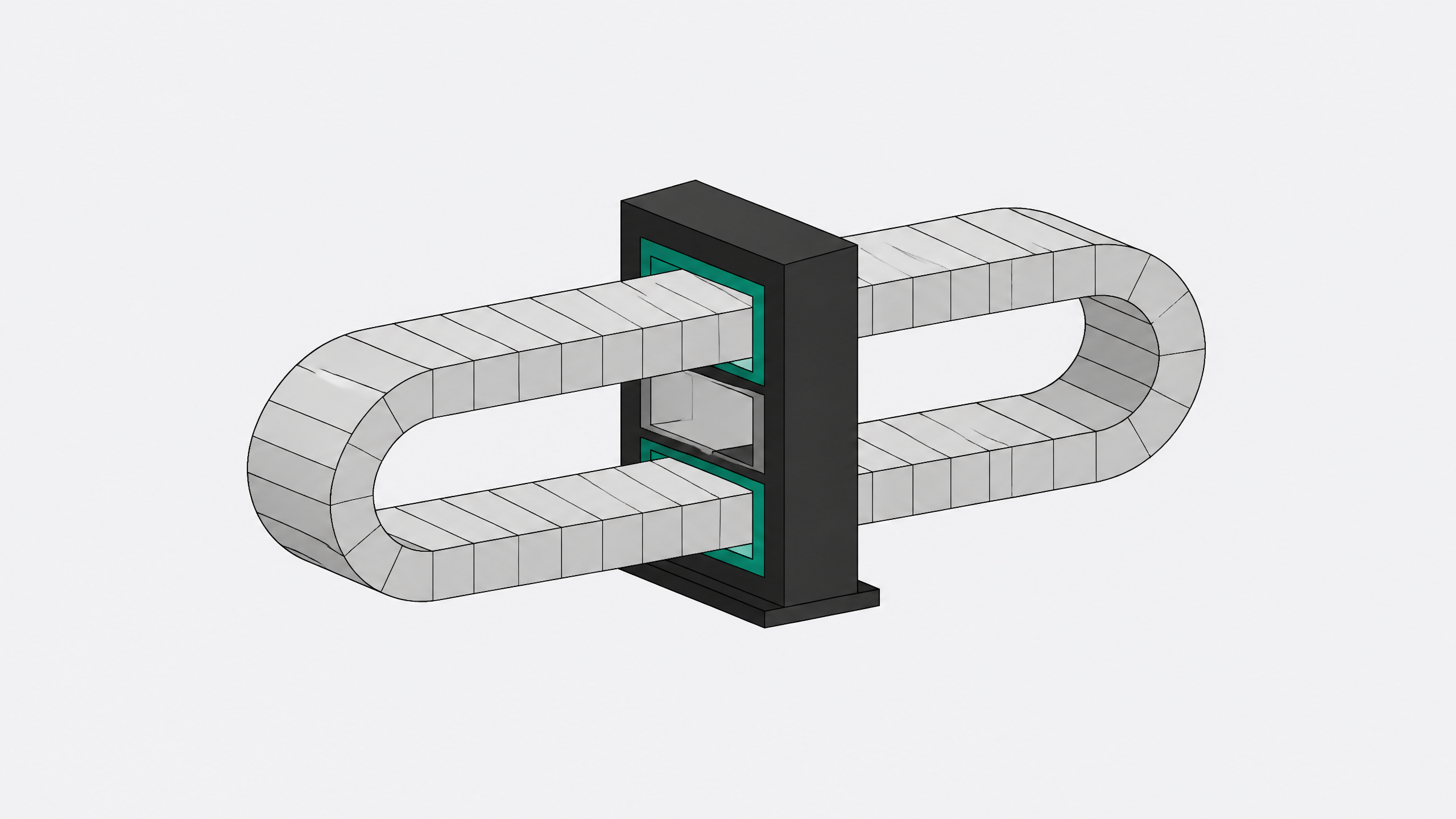 Abstract illustration of a recurrent AI architecture shown as a single looping band of identical segments passing repeatedly through one processing gate instead of a tall stack of distinct layers.