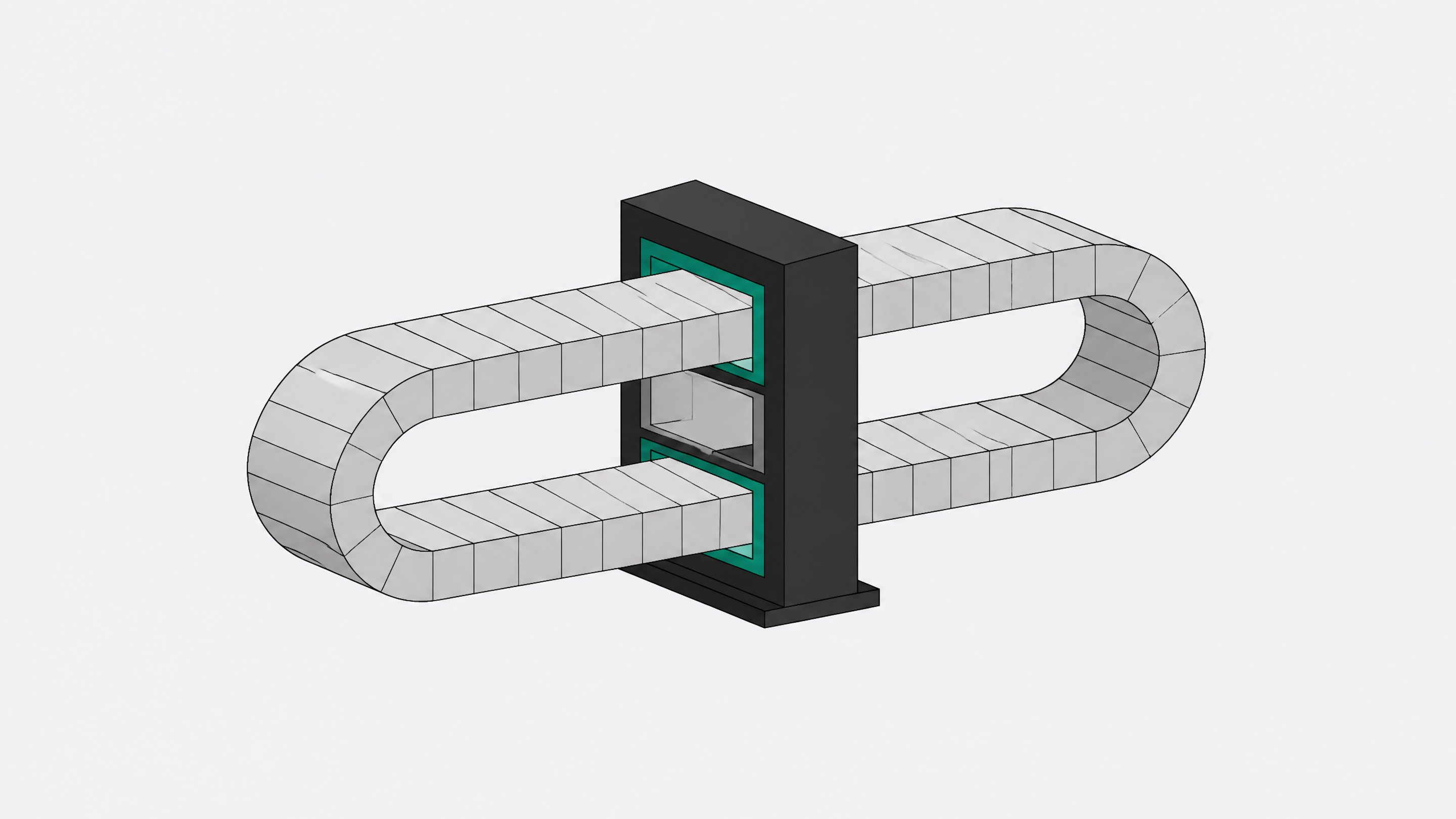 Abstract illustration of a recurrent AI architecture shown as a single looping band of identical segments passing repeatedly through one processing gate instead of a tall stack of distinct layers.