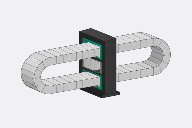 Abstract illustration of a recurrent AI architecture shown as a single looping band of identical segments passing repeatedly through one processing gate instead of a tall stack of distinct layers.
