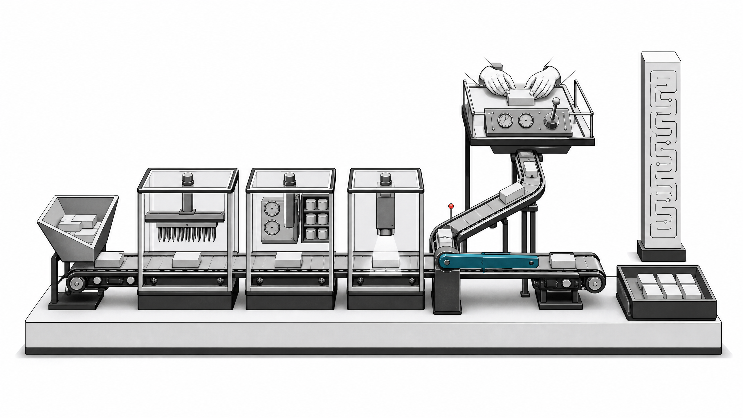 Cutaway diagram of an automated code-scanning and review pipeline with inspection chambers, a gated checkpoint, and a manual review platform.