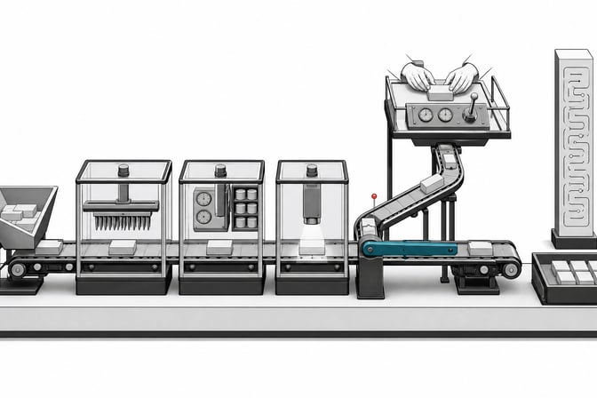 Cutaway diagram of an automated code-scanning and review pipeline with inspection chambers, a gated checkpoint, and a manual review platform.