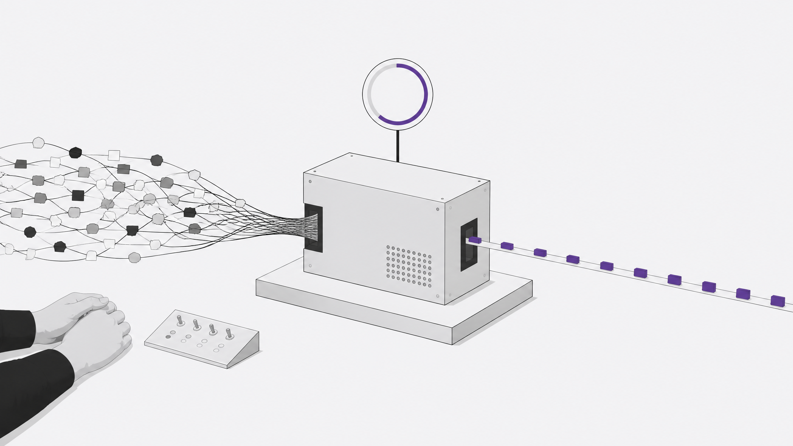 A boxy automated processing module converts a tangled bundle of varied admin-task tokens entering one side into a steady uniform stream of processed tokens exiting the other, with a progress dial on top and a pair of hands resting near a dormant control panel beside it.
