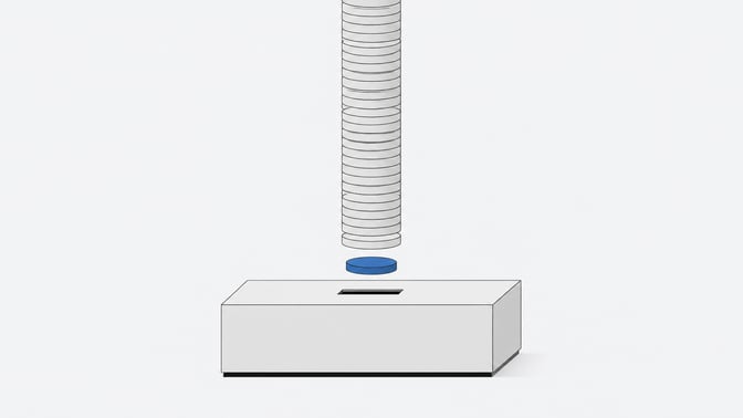 A single piece of hardware with a slot receiving one disc from an endless vertical stack of identical discs, representing recurring software charges layered onto a one-time device.
