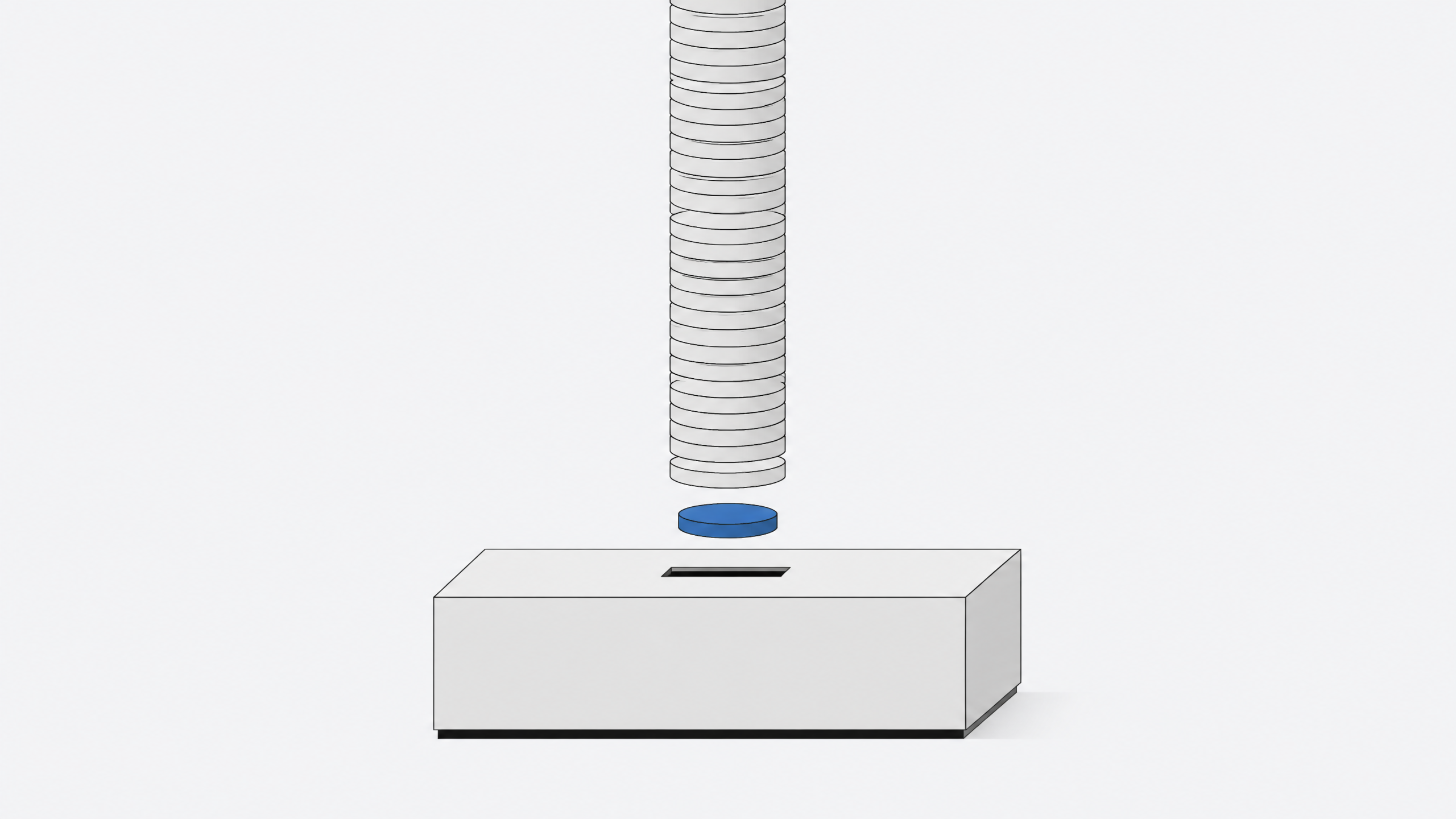 A single piece of hardware with a slot receiving one disc from an endless vertical stack of identical discs, representing recurring software charges layered onto a one-time device.