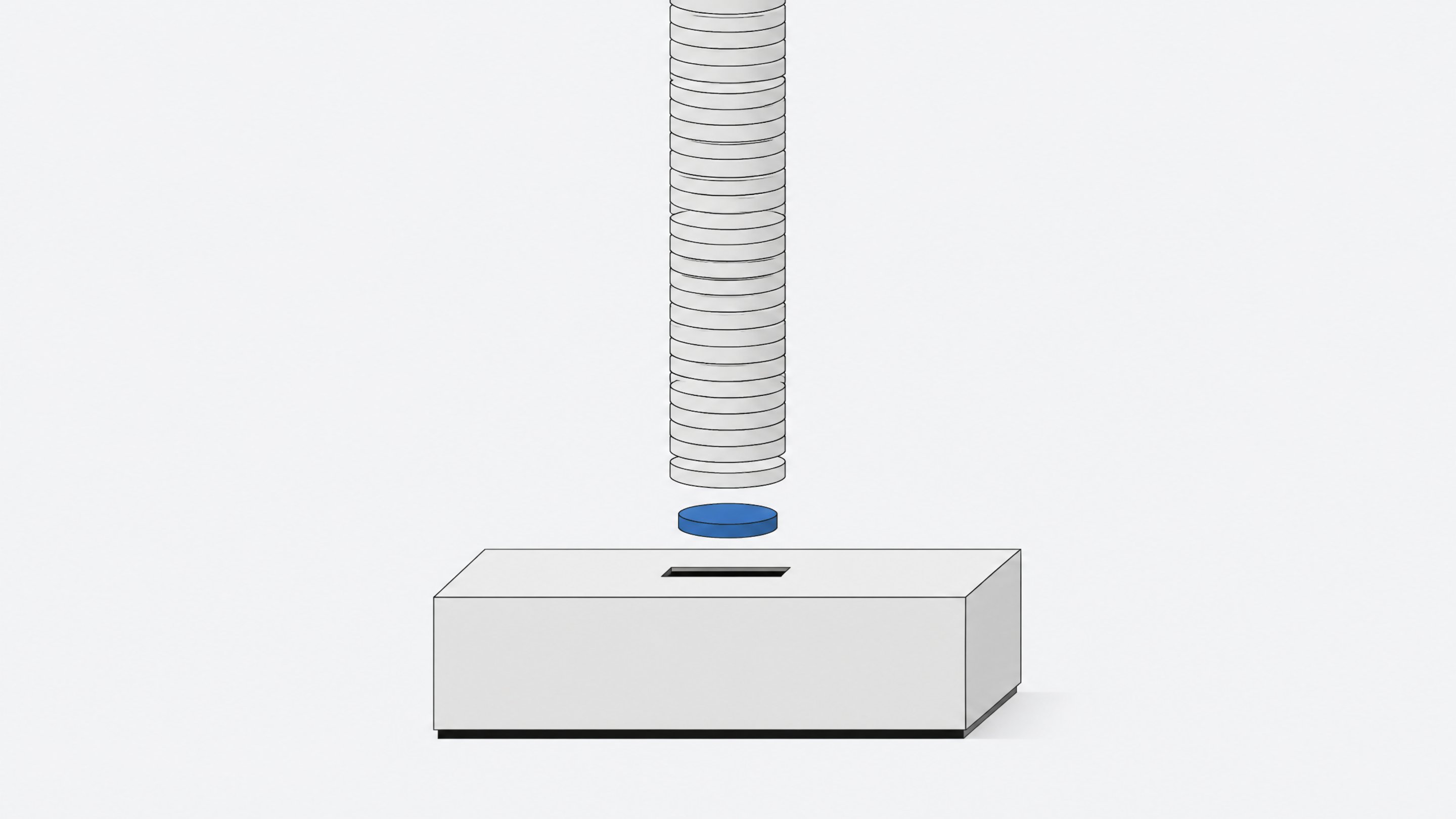 A single piece of hardware with a slot receiving one disc from an endless vertical stack of identical discs, representing recurring software charges layered onto a one-time device.
