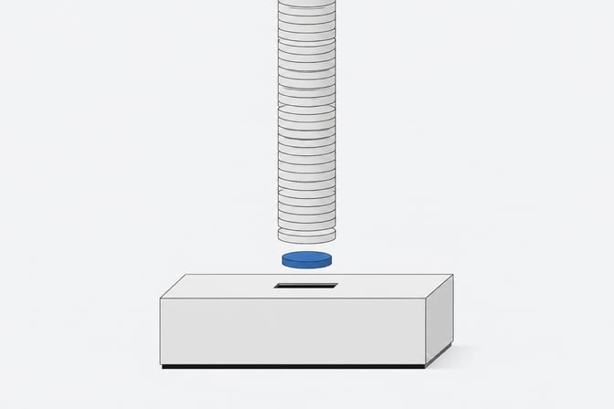 A single piece of hardware with a slot receiving one disc from an endless vertical stack of identical discs, representing recurring software charges layered onto a one-time device.