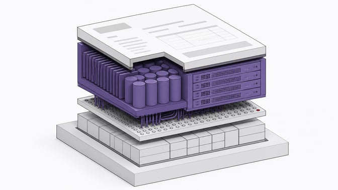 Cutaway diagram of a SaaS invoice as a layered module, with a disproportionately large data-center power-and-cooling layer stacked above a thin layer of actual software features.