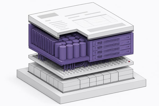 Cutaway diagram of a SaaS invoice as a layered module, with a disproportionately large data-center power-and-cooling layer stacked above a thin layer of actual software features.