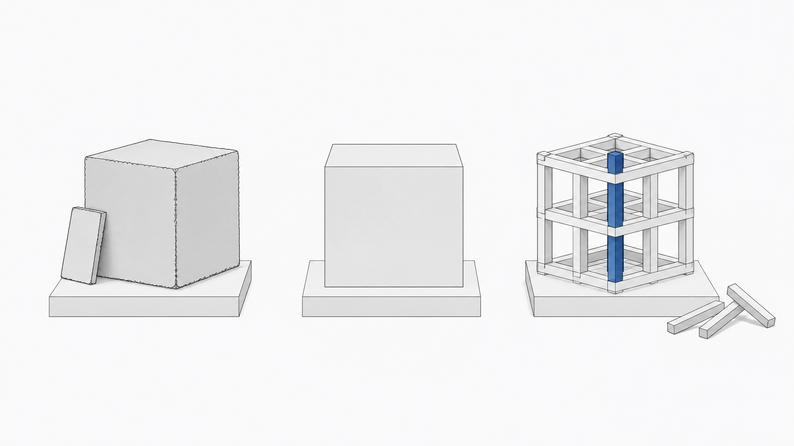 Three contrasting unlabeled structures — a roughly assembled cube, a sealed opaque block, and an open interlocking lattice — representing prototype, buy, and build approaches to internal software.