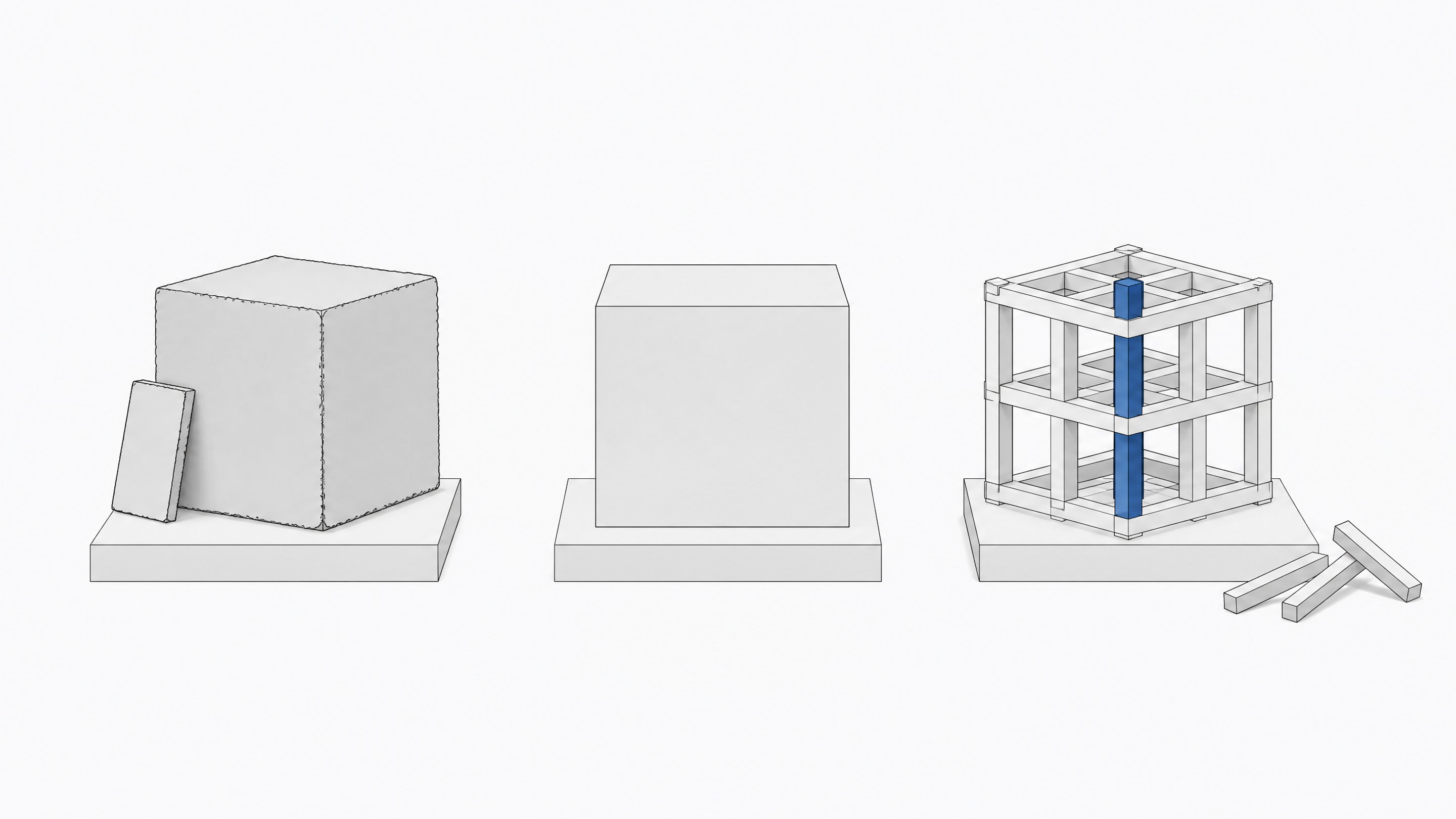 Three contrasting unlabeled structures — a roughly assembled cube, a sealed opaque block, and an open interlocking lattice — representing prototype, buy, and build approaches to internal software.