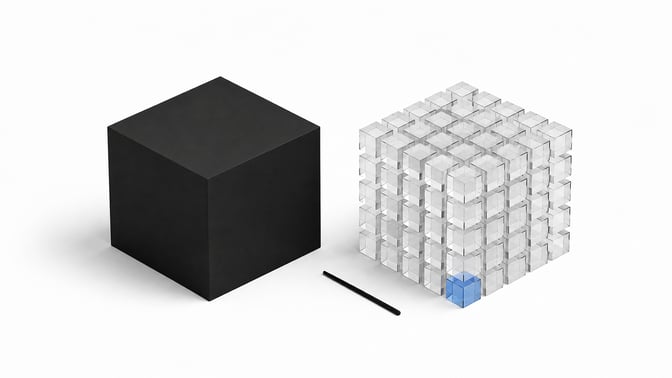 A sealed opaque cube next to an identical cube broken into many small transparent blocks, illustrating software decompiled into its many separable component parts.