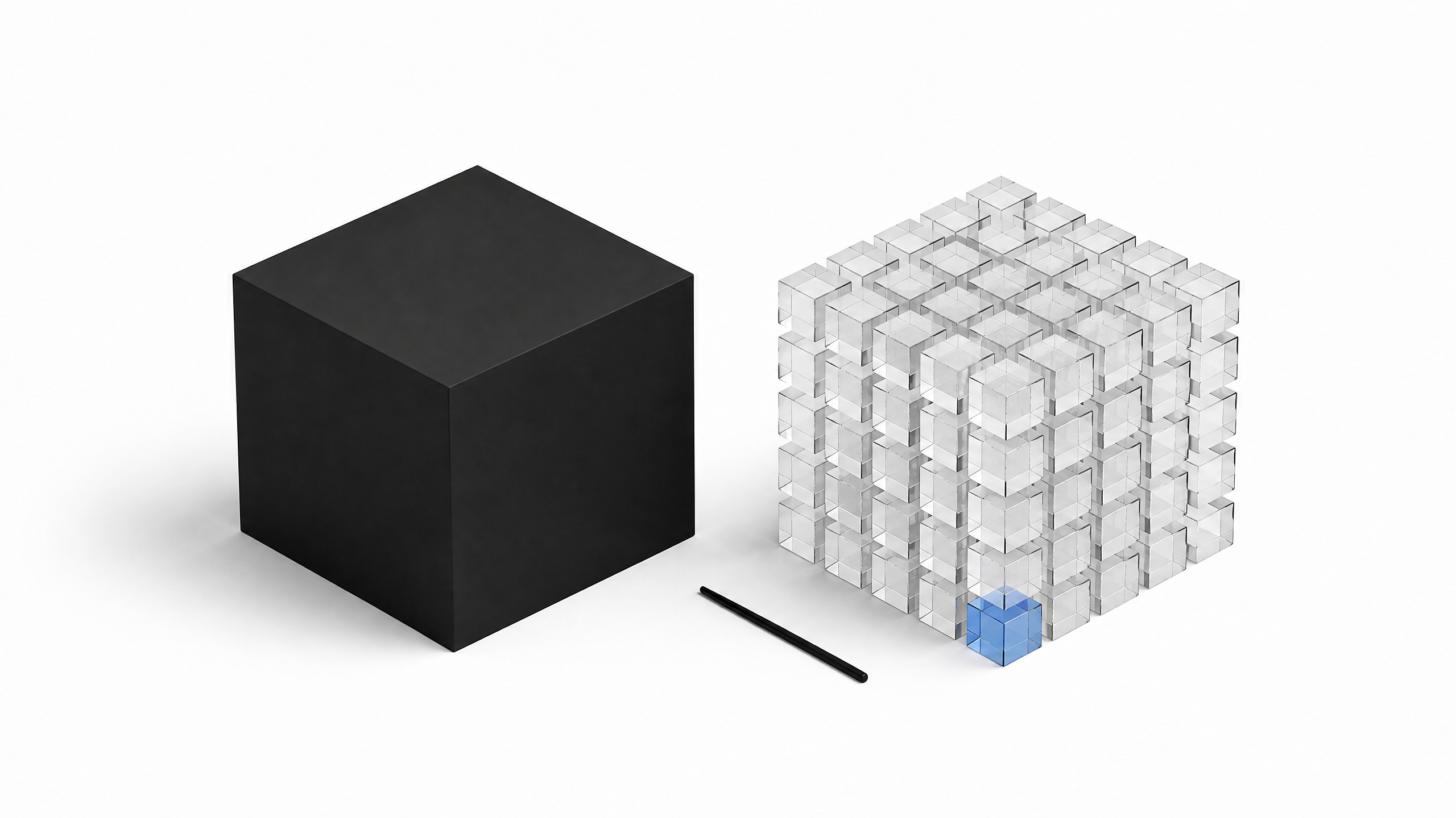 A sealed opaque cube next to an identical cube broken into many small transparent blocks, illustrating software decompiled into its many separable component parts.