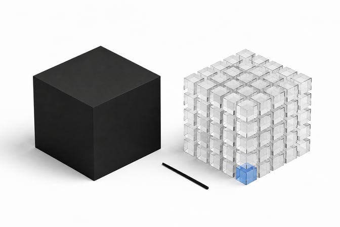 A sealed opaque cube next to an identical cube broken into many small transparent blocks, illustrating software decompiled into its many separable component parts.