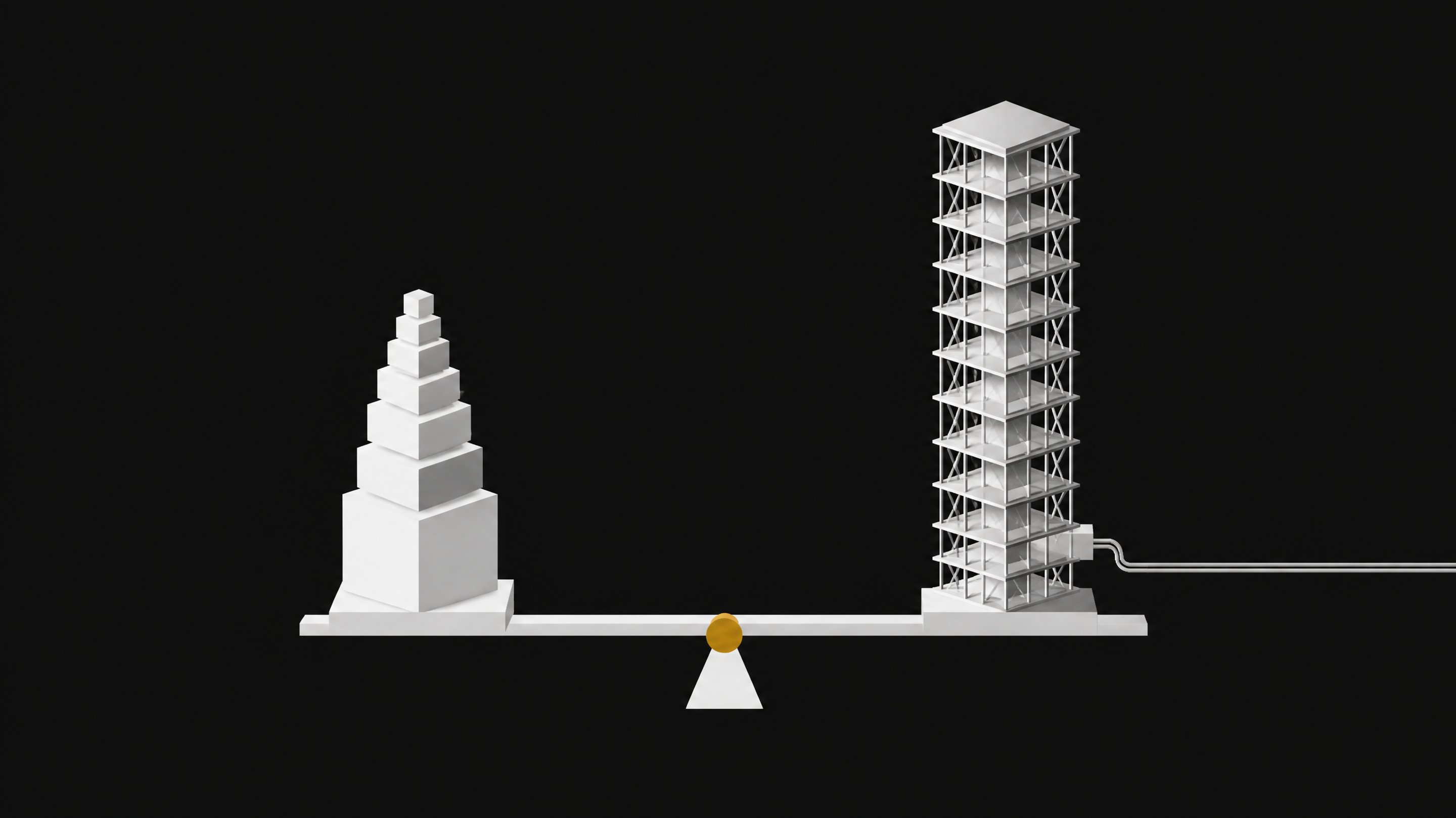 A balanced-scale composition comparing a compact local LLM inference stack against a taller networked API server rack, joined by a level beam with a central pivot point.