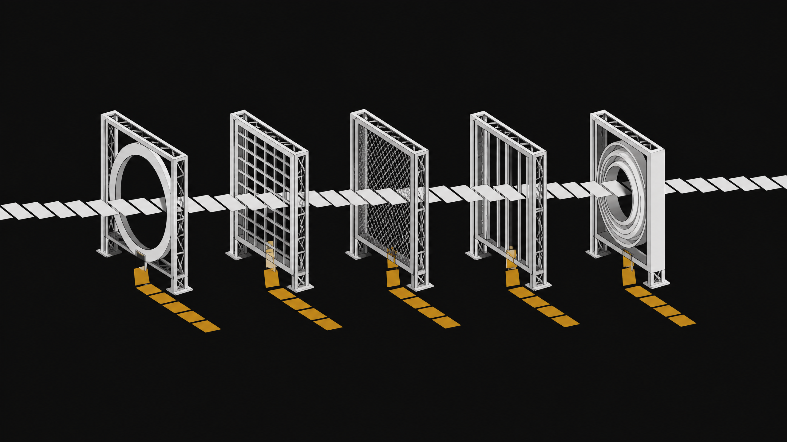 A row of five distinct filter gates sorts a flowing stream of blank text cards, diverting a highlighted subset onto a separate tier to represent an AI-text detection pipeline.