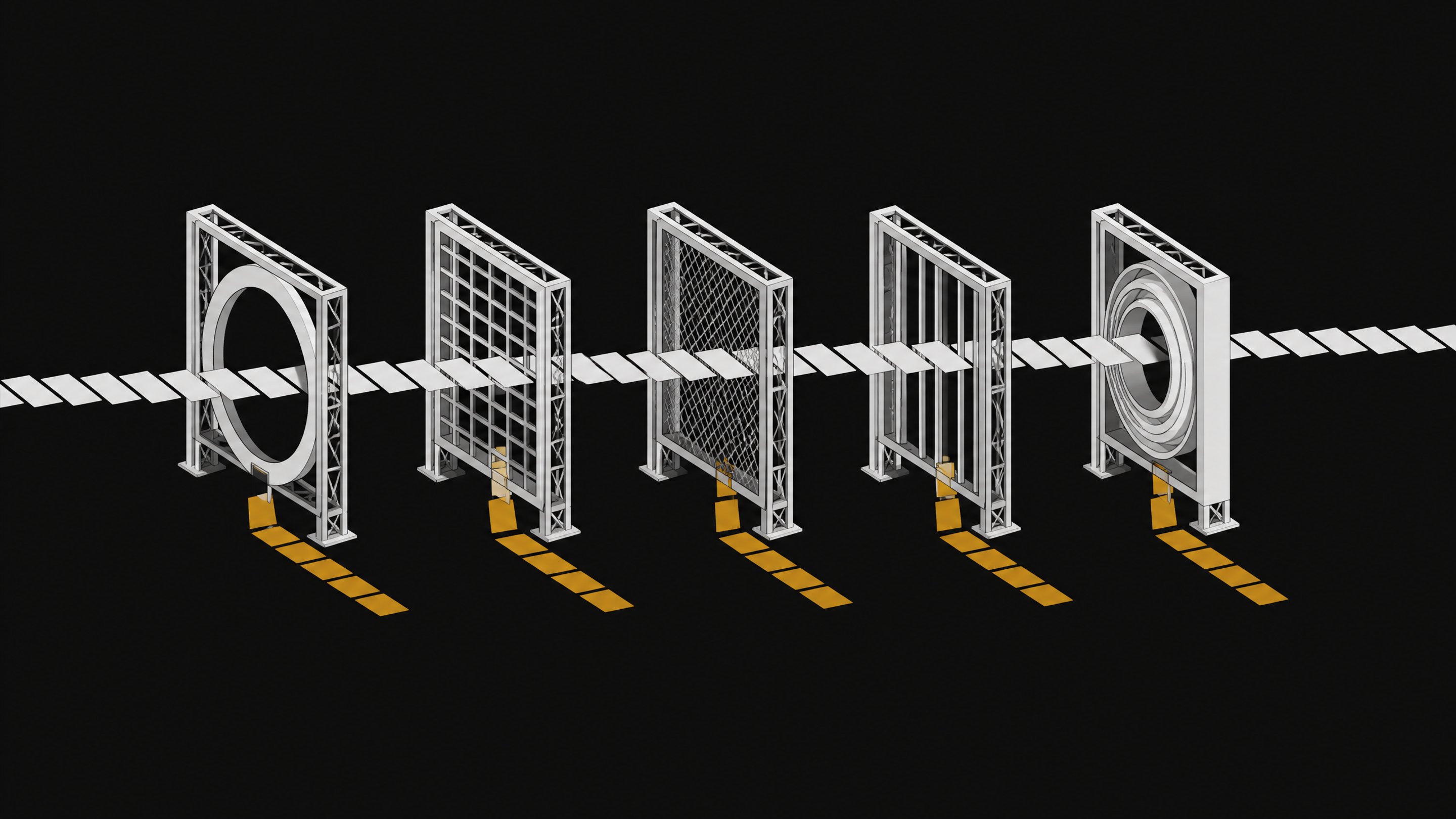 A row of five distinct filter gates sorts a flowing stream of blank text cards, diverting a highlighted subset onto a separate tier to represent an AI-text detection pipeline.