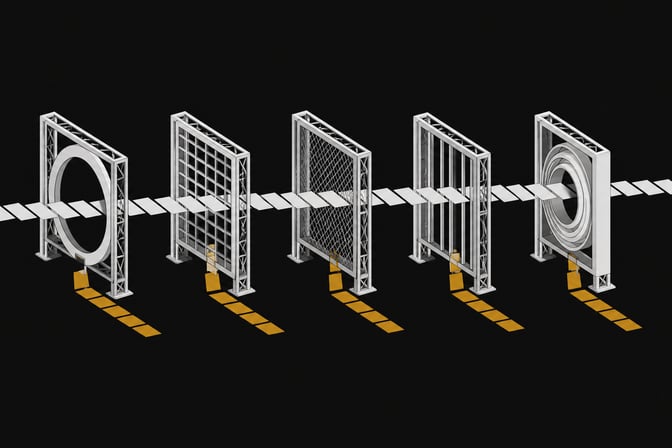 A row of five distinct filter gates sorts a flowing stream of blank text cards, diverting a highlighted subset onto a separate tier to represent an AI-text detection pipeline.